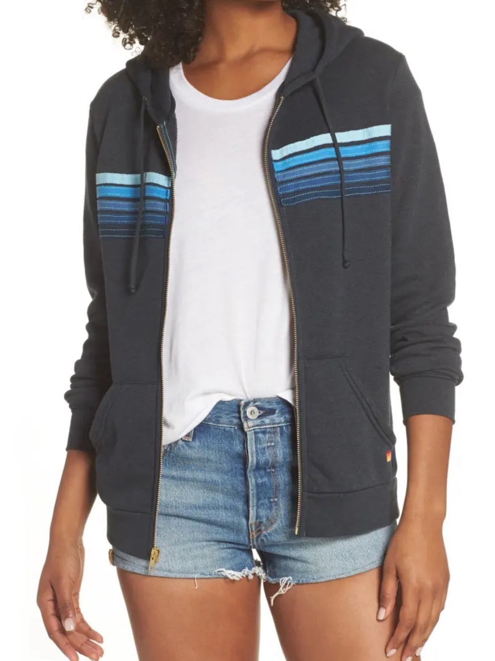 Aviator Nation Navy Zip Hoodie with Blue Stripe Detail